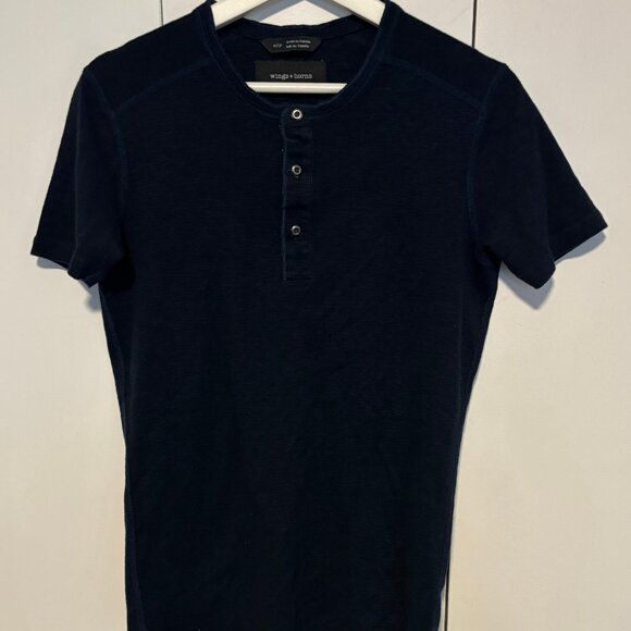 Wings + Horns Blue Short Sleeve Henley Tee - Small - Picture 1 of 7